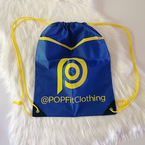 NWOT POP FIT Blue Yellow Drawstring Zipper Gym Bag Tote - Picture 3 of 7